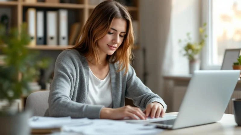 Frau liest Foerderantrag am Kuechtentisch in Brandenburg