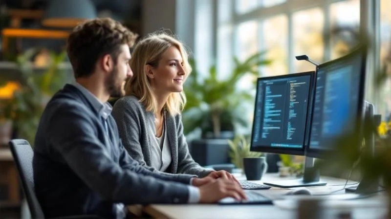 Ausbilderin im IT-Büro erklärt einer Auszubildenden ein Programmierprojekt an einem großen Bildschirm in Potsdam