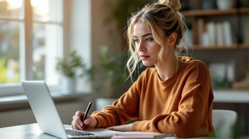 Frau in Potsdam arbeitet am Laptop und bereitet ihren Antrag auf den Bildungsgutschein vor