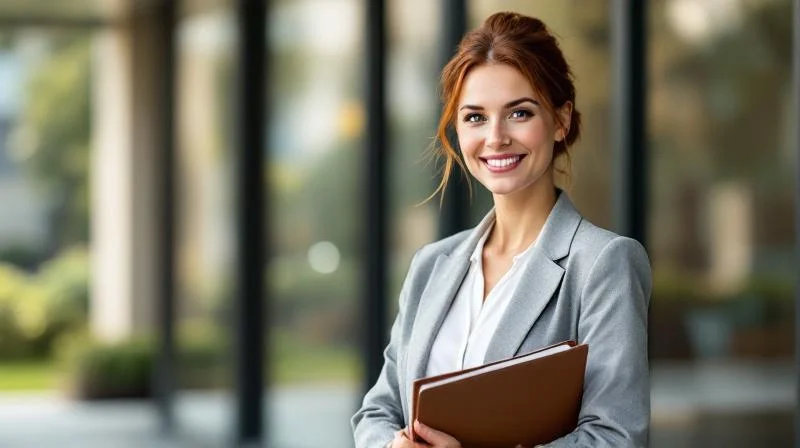 Frau mit Unterlagen vor einem modernen Gebaeude in Potsdam