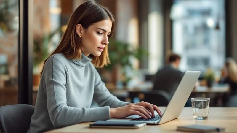 Frau mit Laptop arbeitet konzentriert in einem modernen Coworking-Space in Potsdam
