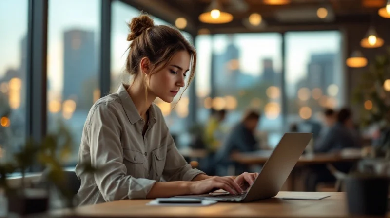 Potsdamer Angestellte im Coworking-Space mit Laptop, im Hintergrund Wissenschaftspark und Medienstandort