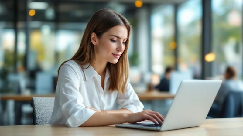 Frau arbeitet am Laptop in einem modernen Coworking-Space in Potsdam