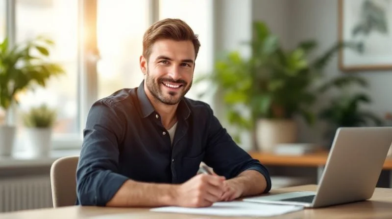 Mann in Potsdam schaut zufrieden auf seinen IHK-Abschluss am Schreibtisch