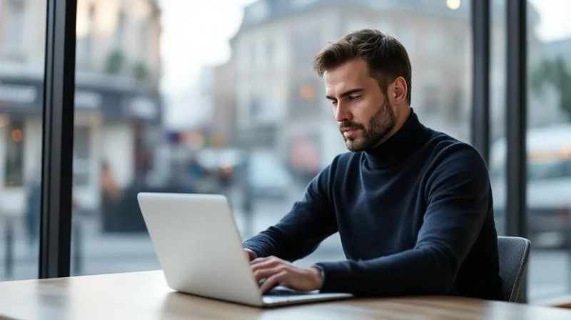 Quereinsteiger arbeitet konzentriert am Laptop in einem hellen Coworking-Space am Potsdamer Hauptbahnhof