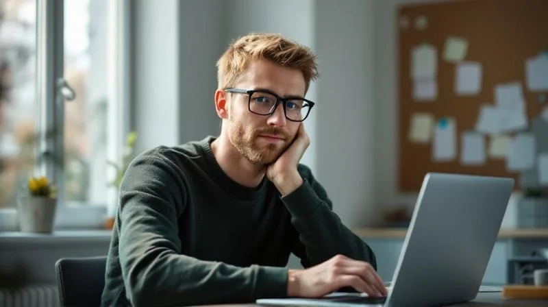 Mann in Potsdam sitzt nachdenklich am Schreibtisch und recherchiert Umschulungsmoeglichkeiten
