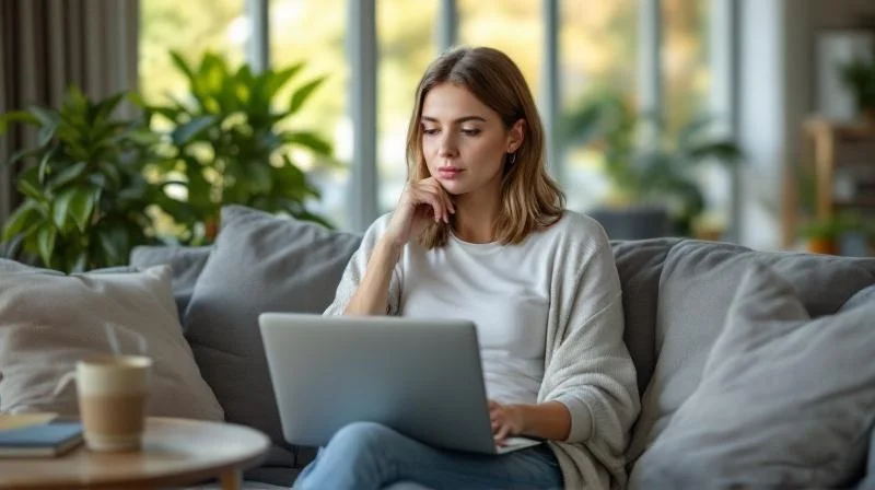 Frau lernt am Laptop in einem hellen Zimmer in Potsdam
