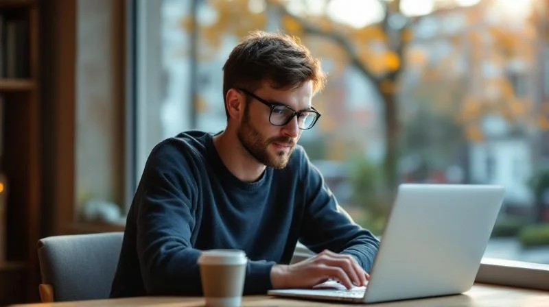 Mann arbeitet am Laptop in einem Cafe in Potsdam